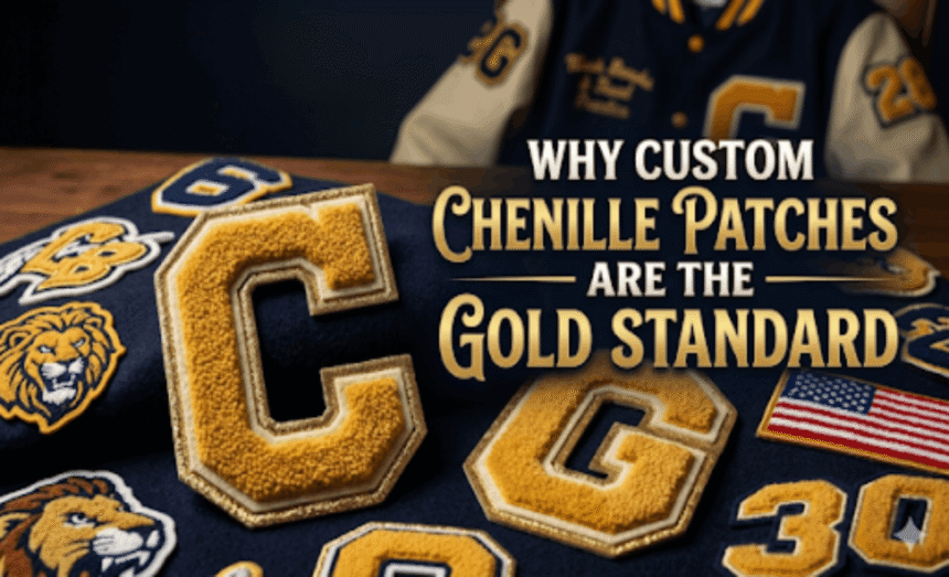 displaying custom chenille patches on a varsity jacket.