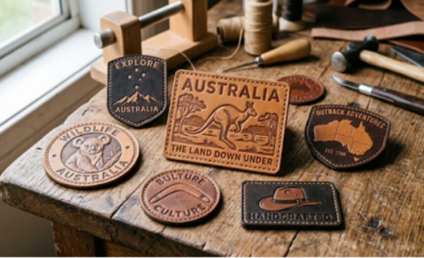 Different-shaped leather patches kept on a wooden table.